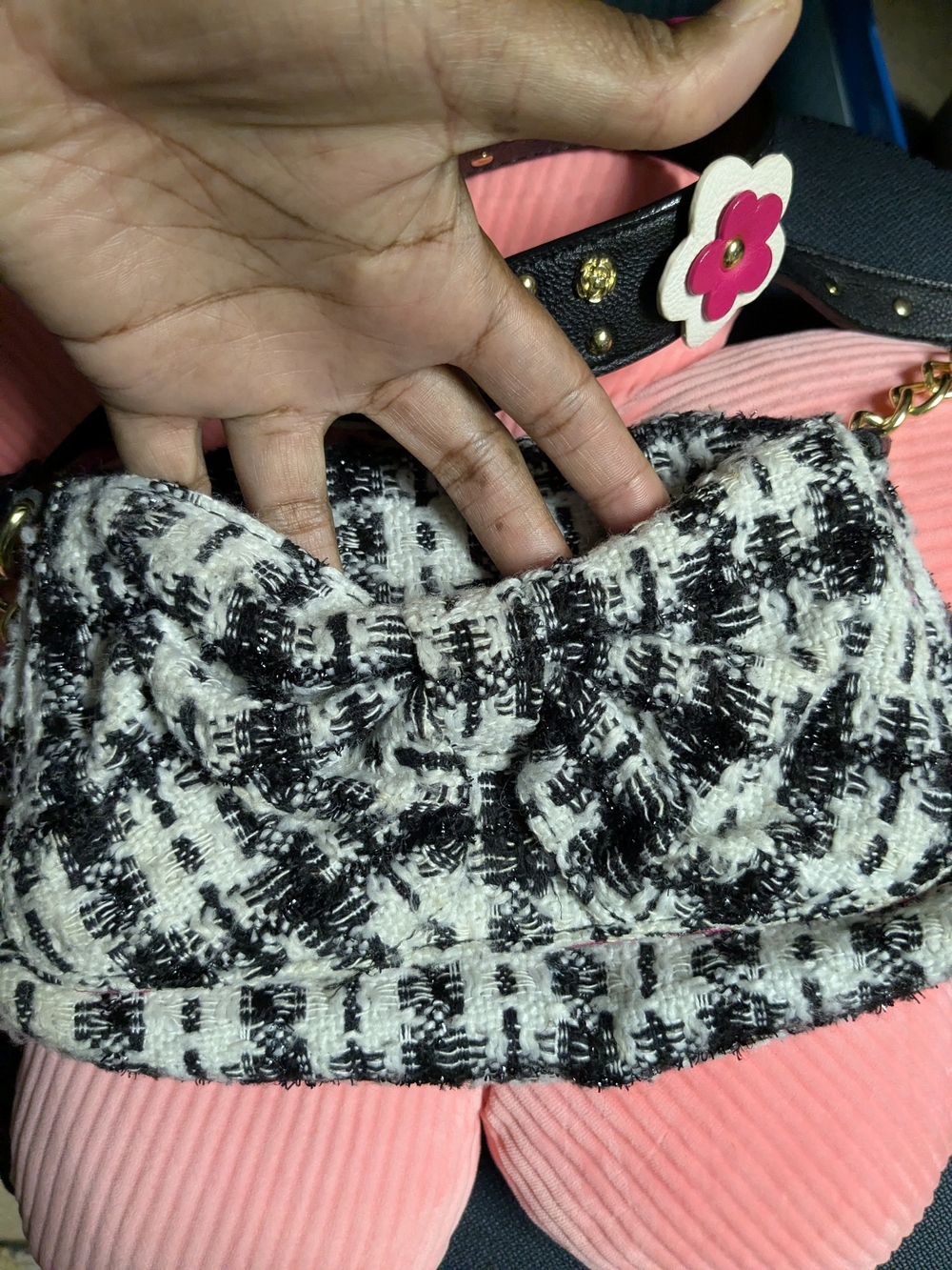 Betsey Johnson Black and White Tweed Shoulder Bag with Floral Strap Accent - Picture 3 of 6